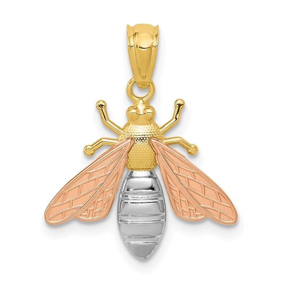 14k Two Tone Gold & White Rhodium 2D Bee Pendant 17mm (5/8 inch)